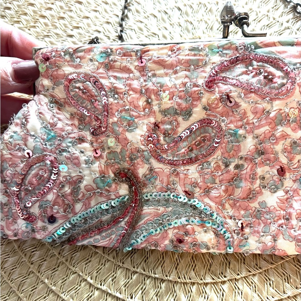 Vintage Pink Paisley Beaded Bag Trending Retro  Whimsy Ethereal  EUC - Picture 3 of 7